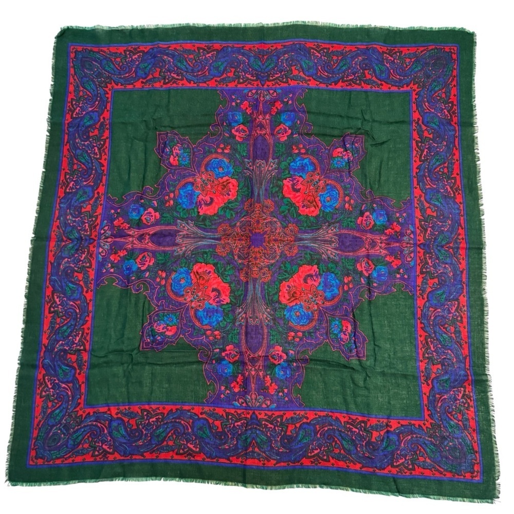 Challis by Berkshire Vintage Scarf 29x30 Japan Green Red Paisley Floral
